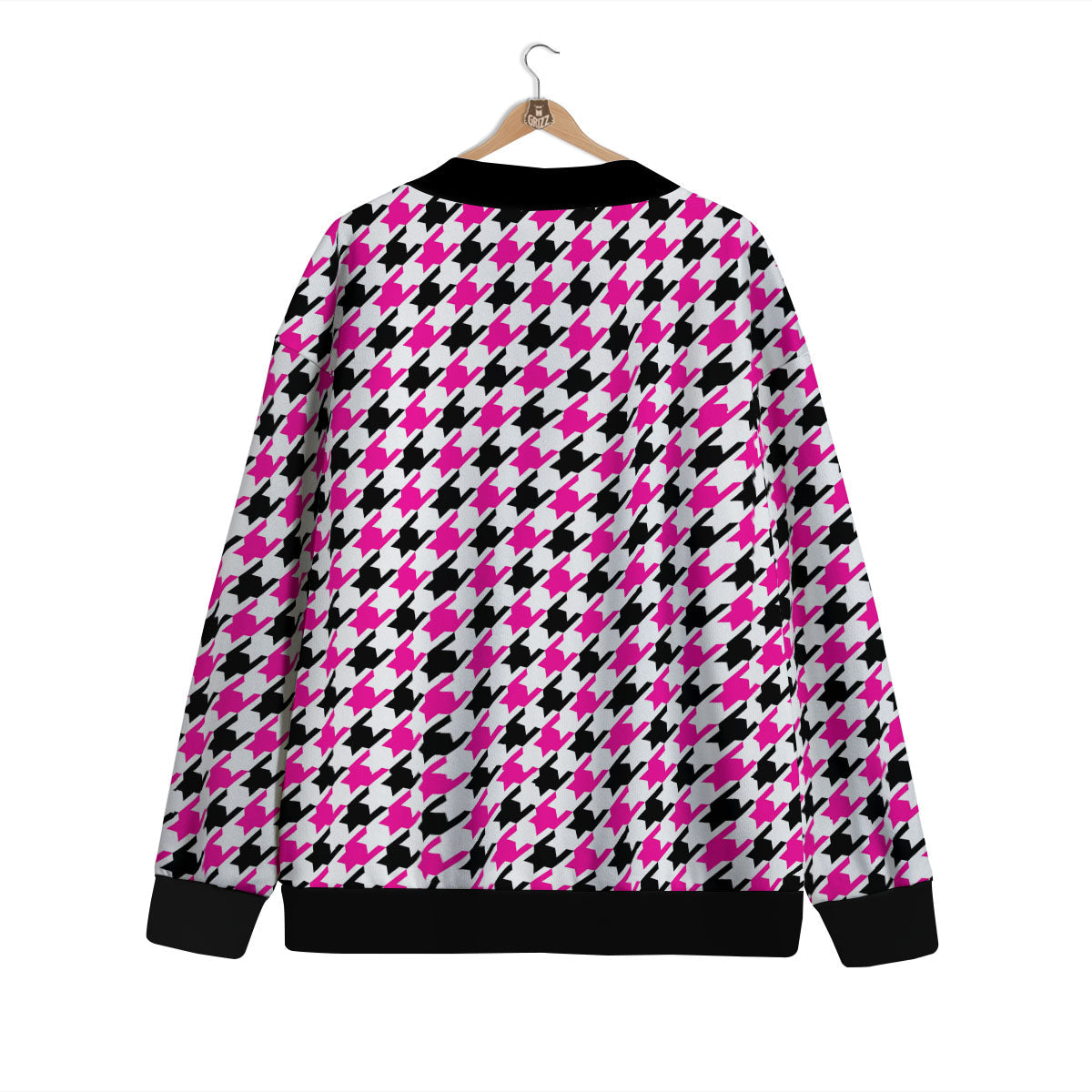 White Pink And Black Houndstooth Print Cardigan-grizzshop