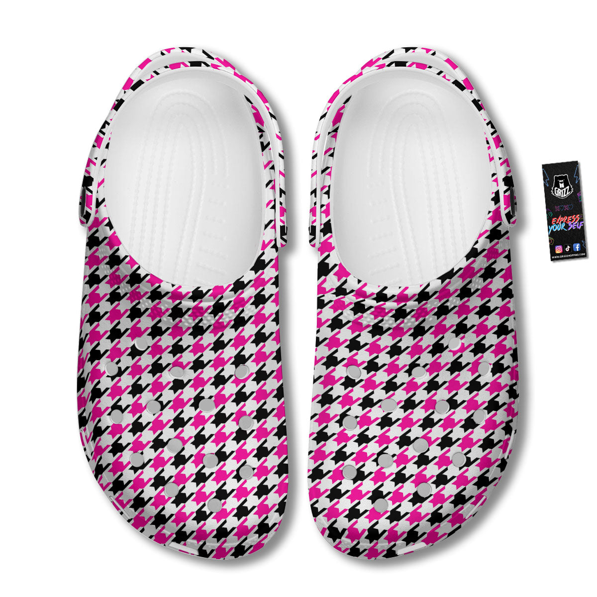 White Pink And Black Houndstooth Print Clog-grizzshop