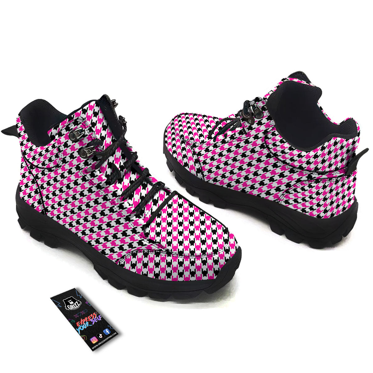 White Pink And Black Houndstooth Print Hiking Shoes-grizzshop