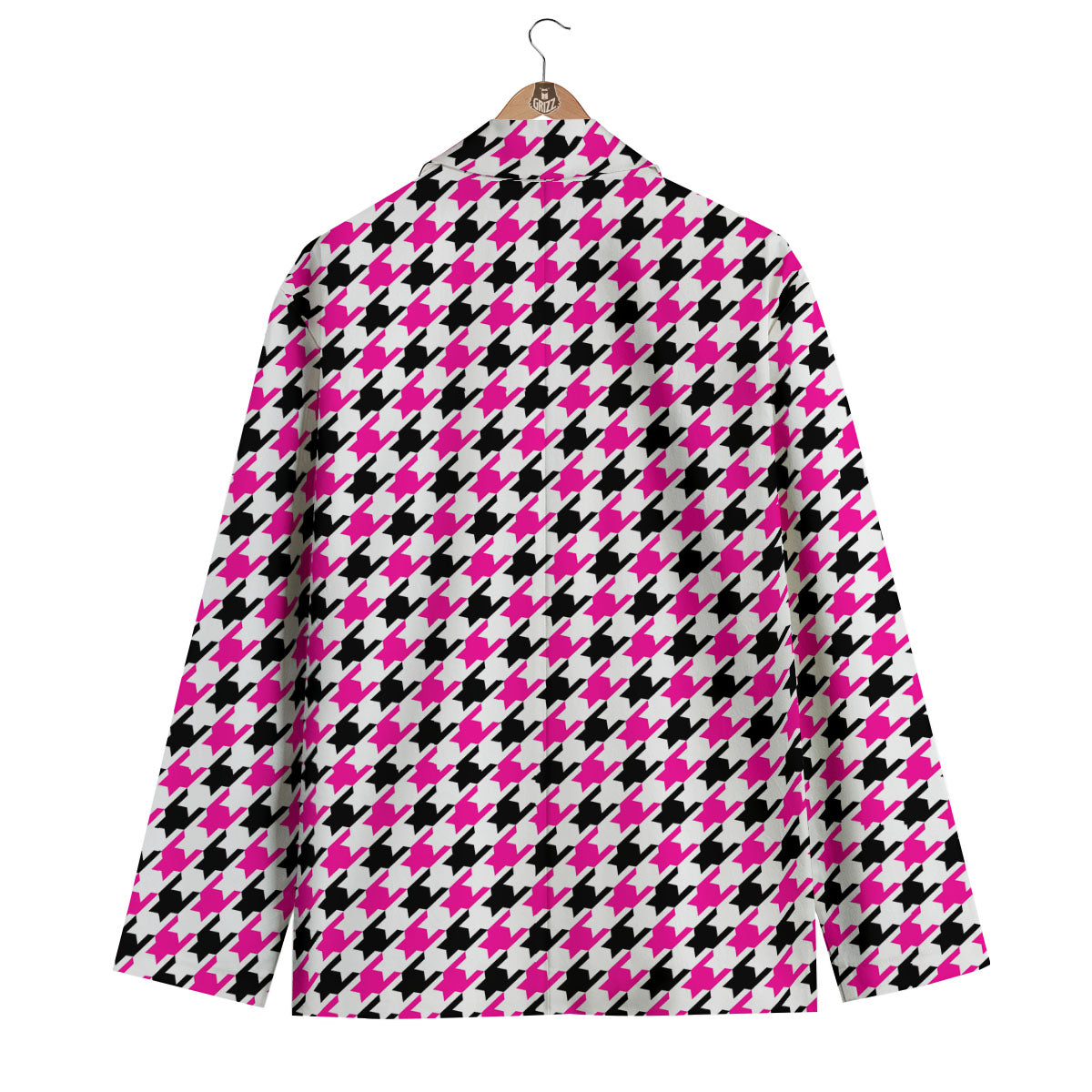 White Pink And Black Houndstooth Print Men's Blazer-grizzshop