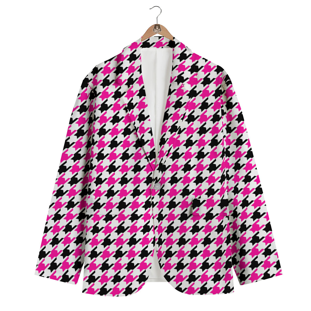 White Pink And Black Houndstooth Print Men's Blazer-grizzshop