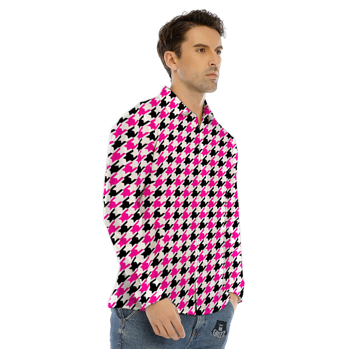 White Pink And Black Houndstooth Print Men's Dress Shirts-grizzshop