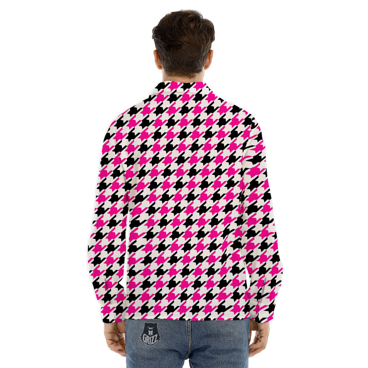 White Pink And Black Houndstooth Print Men's Dress Shirts-grizzshop