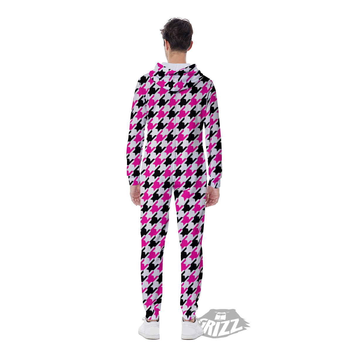 White Pink And Black Houndstooth Print Men's Jumpsuit-grizzshop
