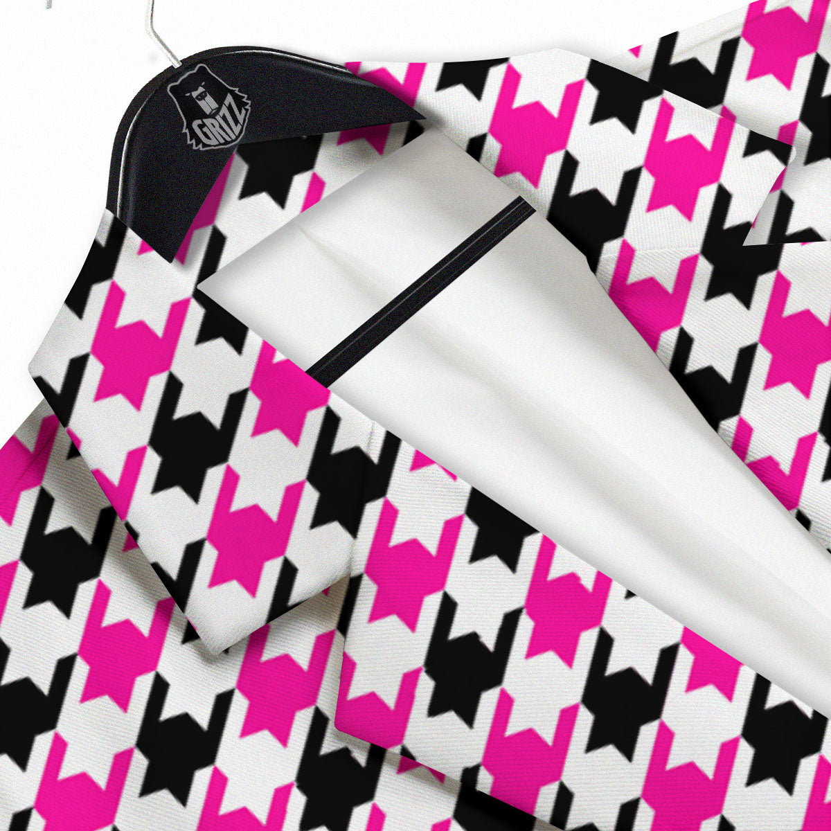 White Pink And Black Houndstooth Print Men's Sport Coat-grizzshop