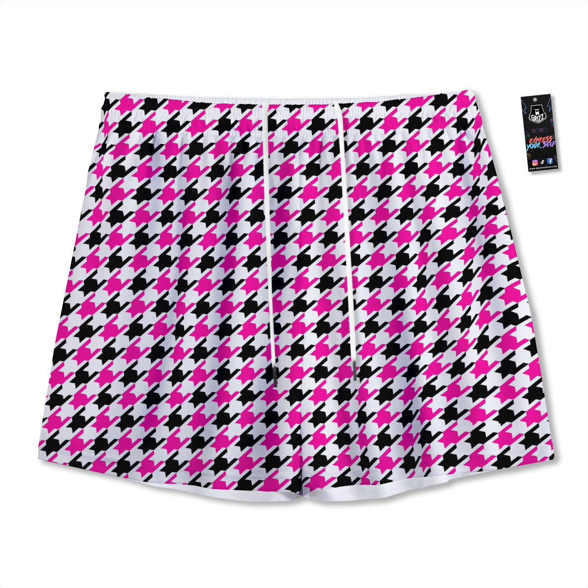 White Pink And Black Houndstooth Print Mesh Shorts