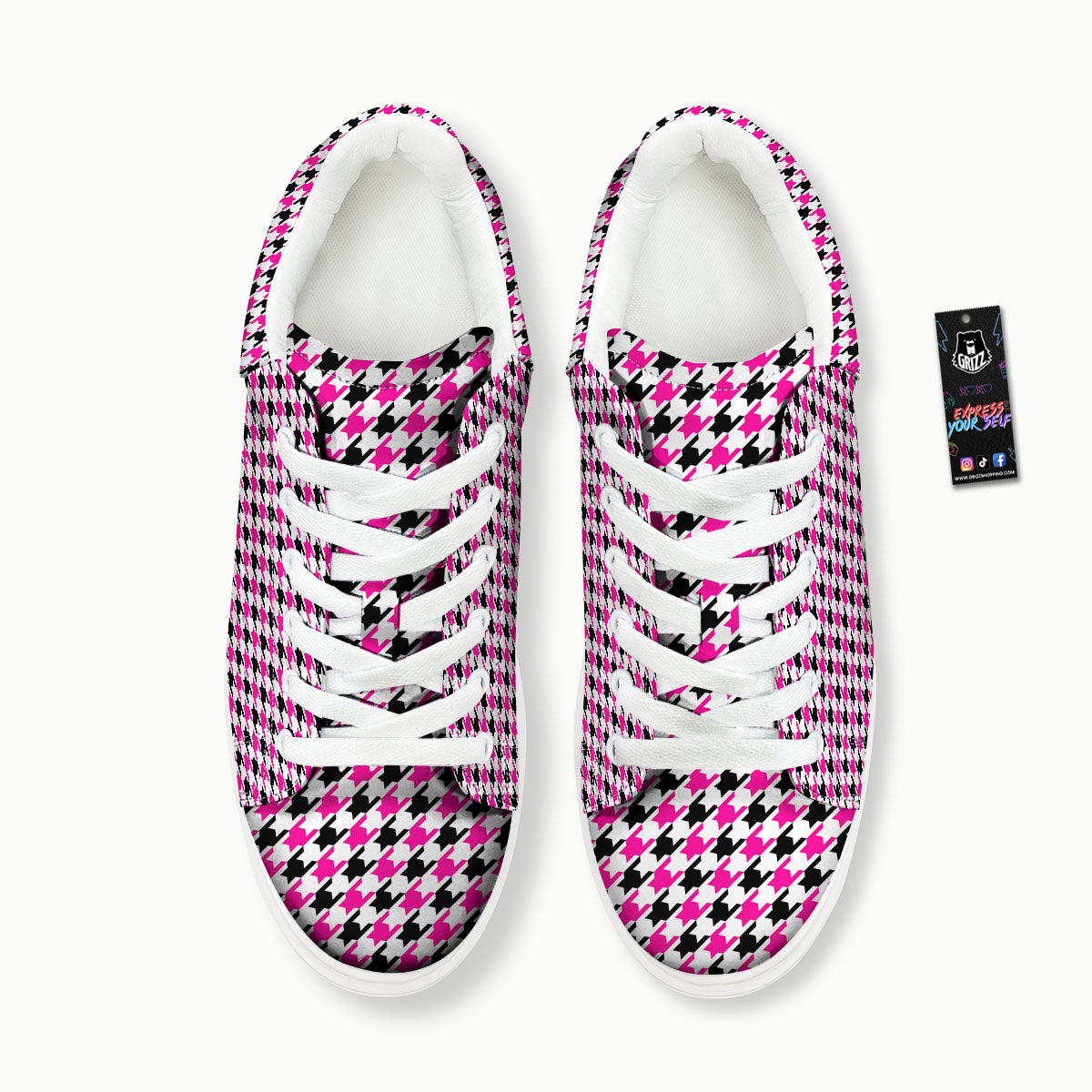 White Pink And Black Houndstooth Print Platform Shoes-grizzshop