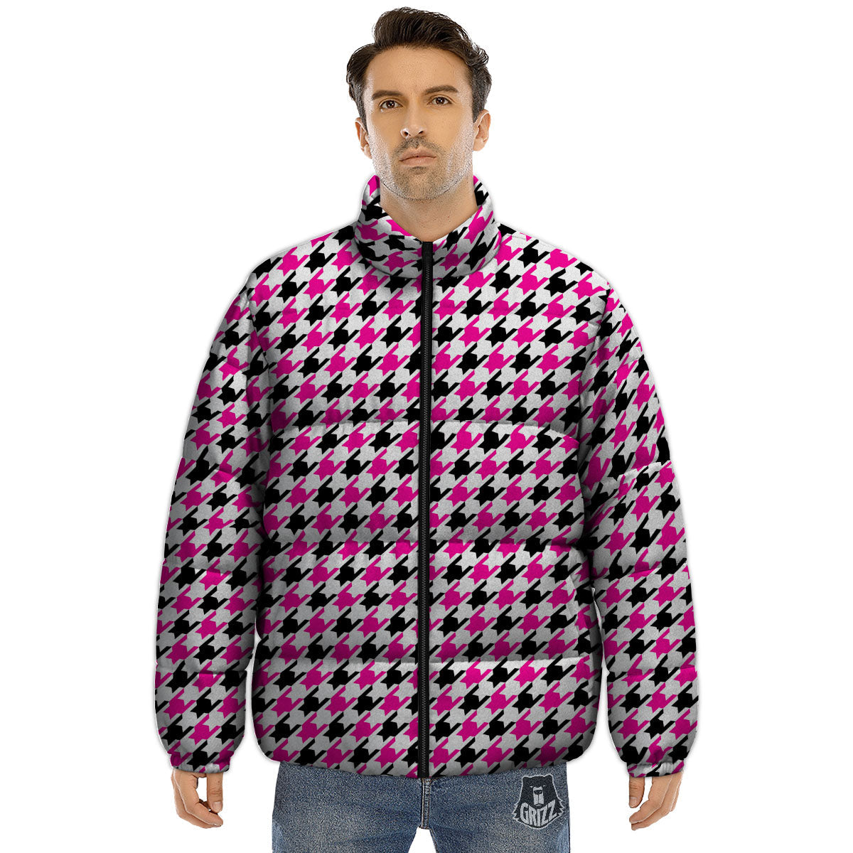 White Pink And Black Houndstooth Print Puffer Jacket-grizzshop