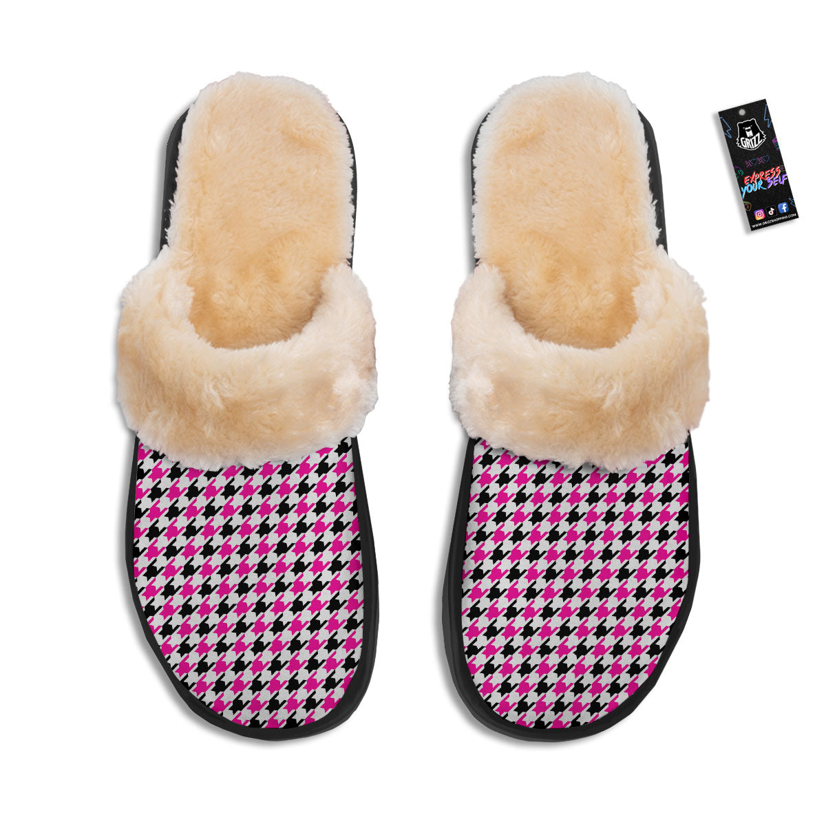 White Pink And Black Houndstooth Print Slippers-grizzshop