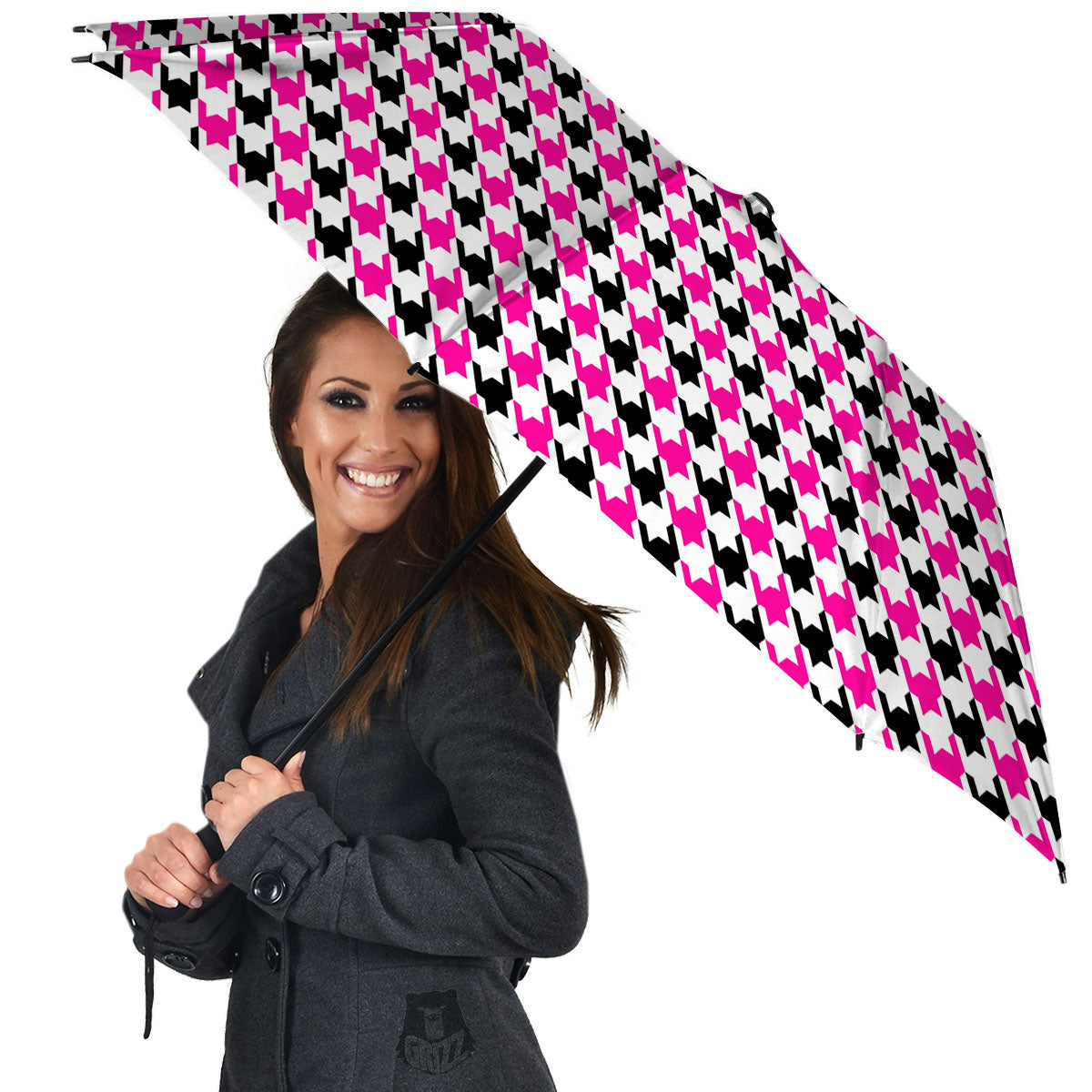 White Pink And Black Houndstooth Print Umbrella-grizzshop