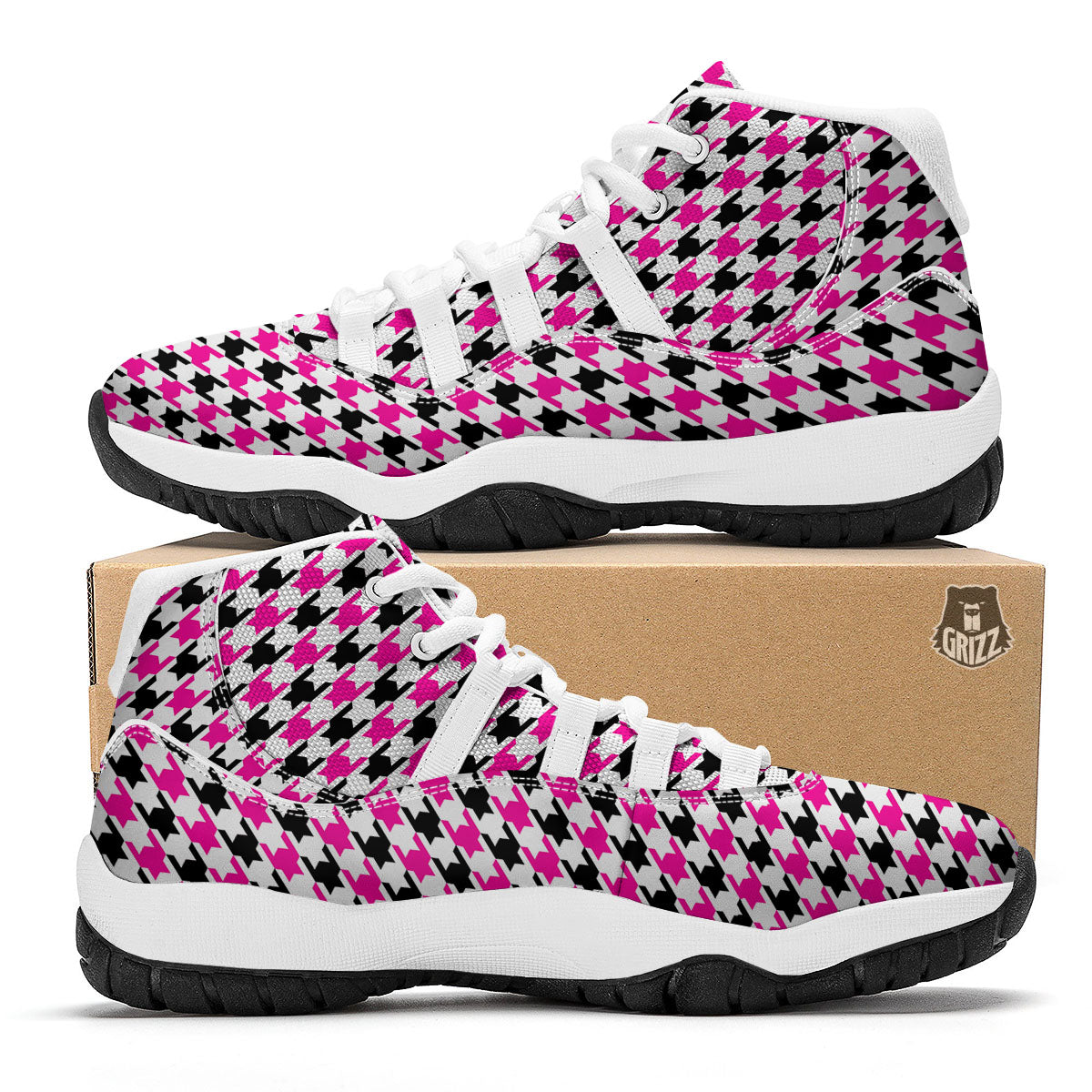 White Pink And Black Houndstooth Print White Bball Shoes-grizzshop