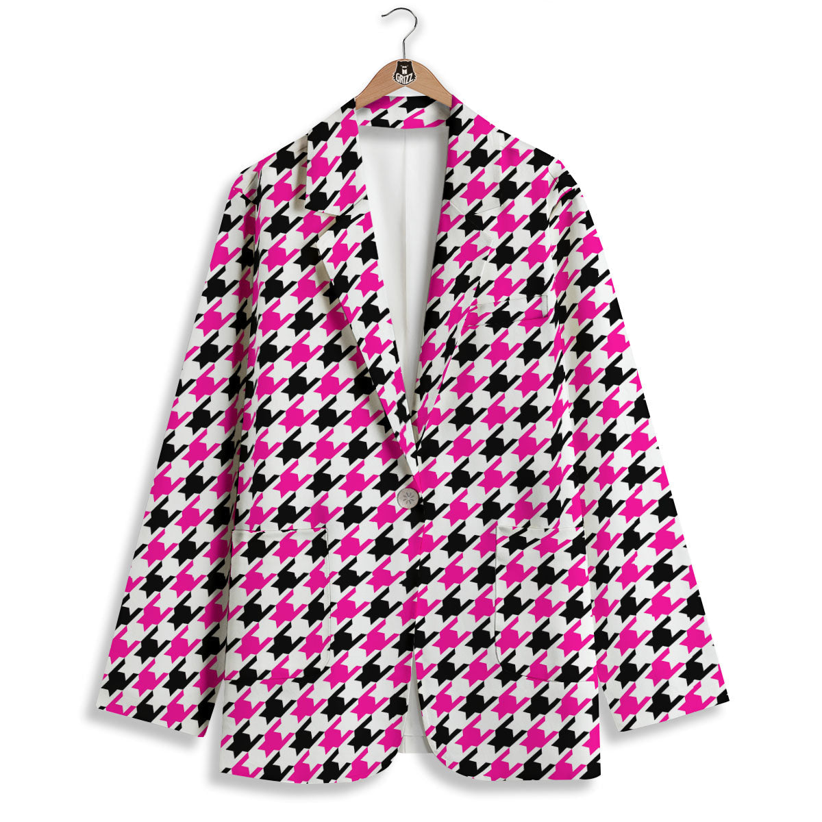 White Pink And Black Houndstooth Print Women's Blazer-grizzshop