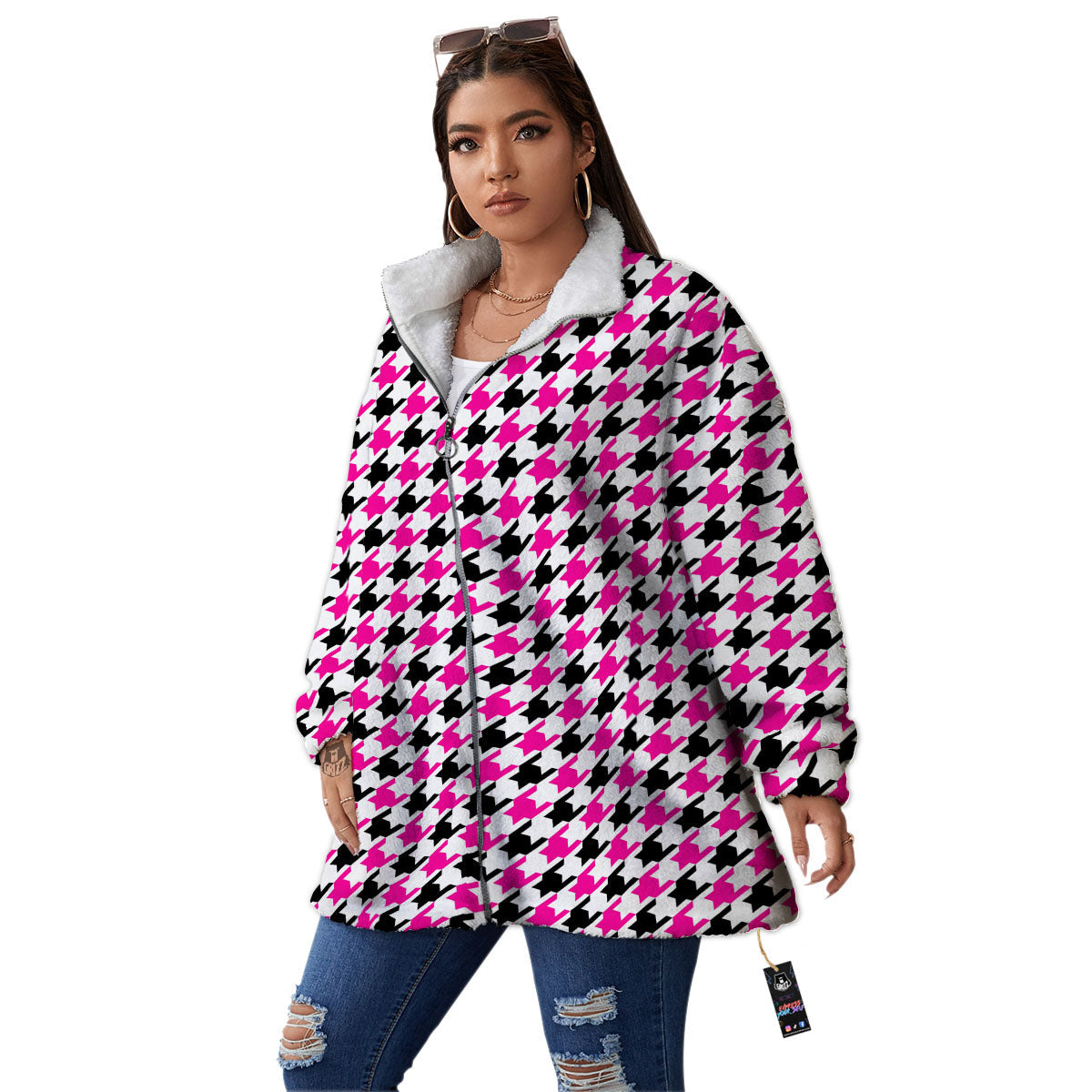 White Pink And Black Houndstooth Print Women's Sherpa Jacket-grizzshop