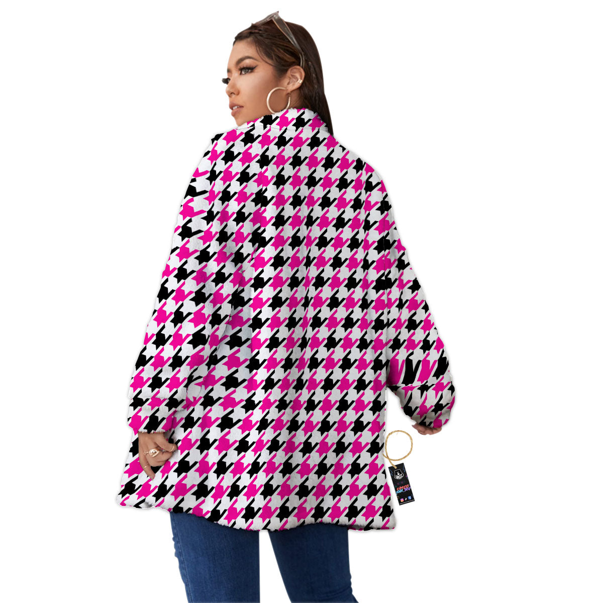 White Pink And Black Houndstooth Print Women's Sherpa Jacket-grizzshop