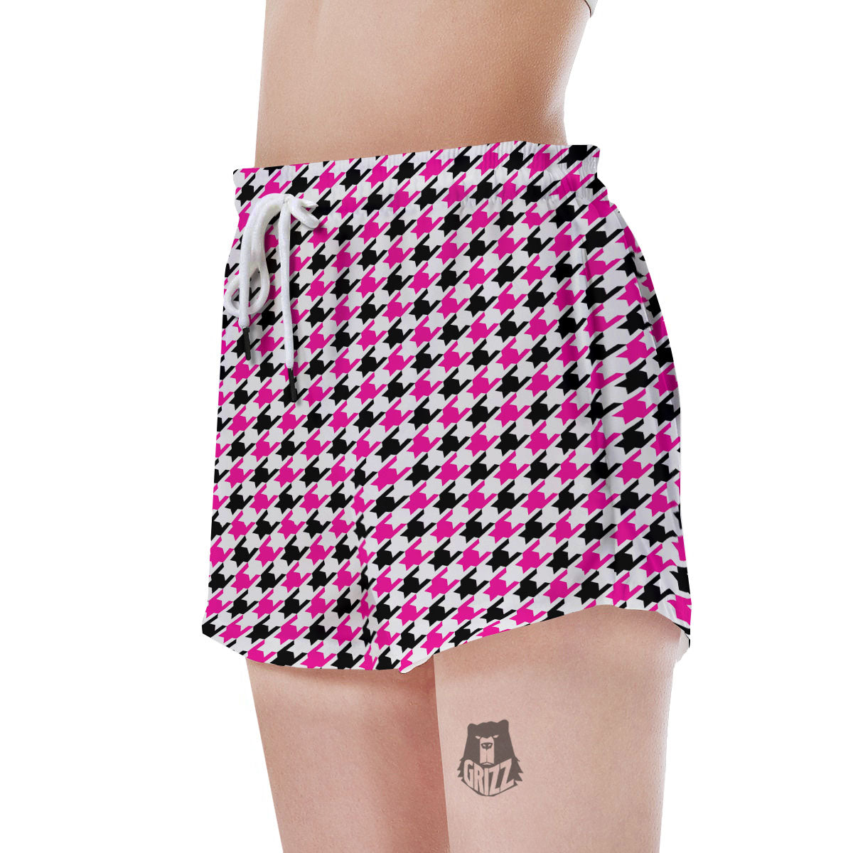 White Pink And Black Houndstooth Print Women's Shorts-grizzshop