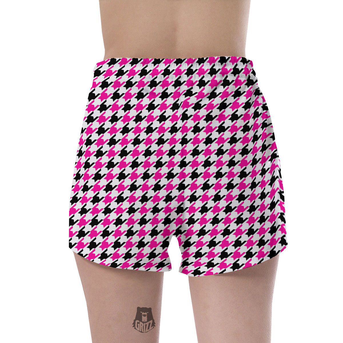 White Pink And Black Houndstooth Print Women's Shorts-grizzshop
