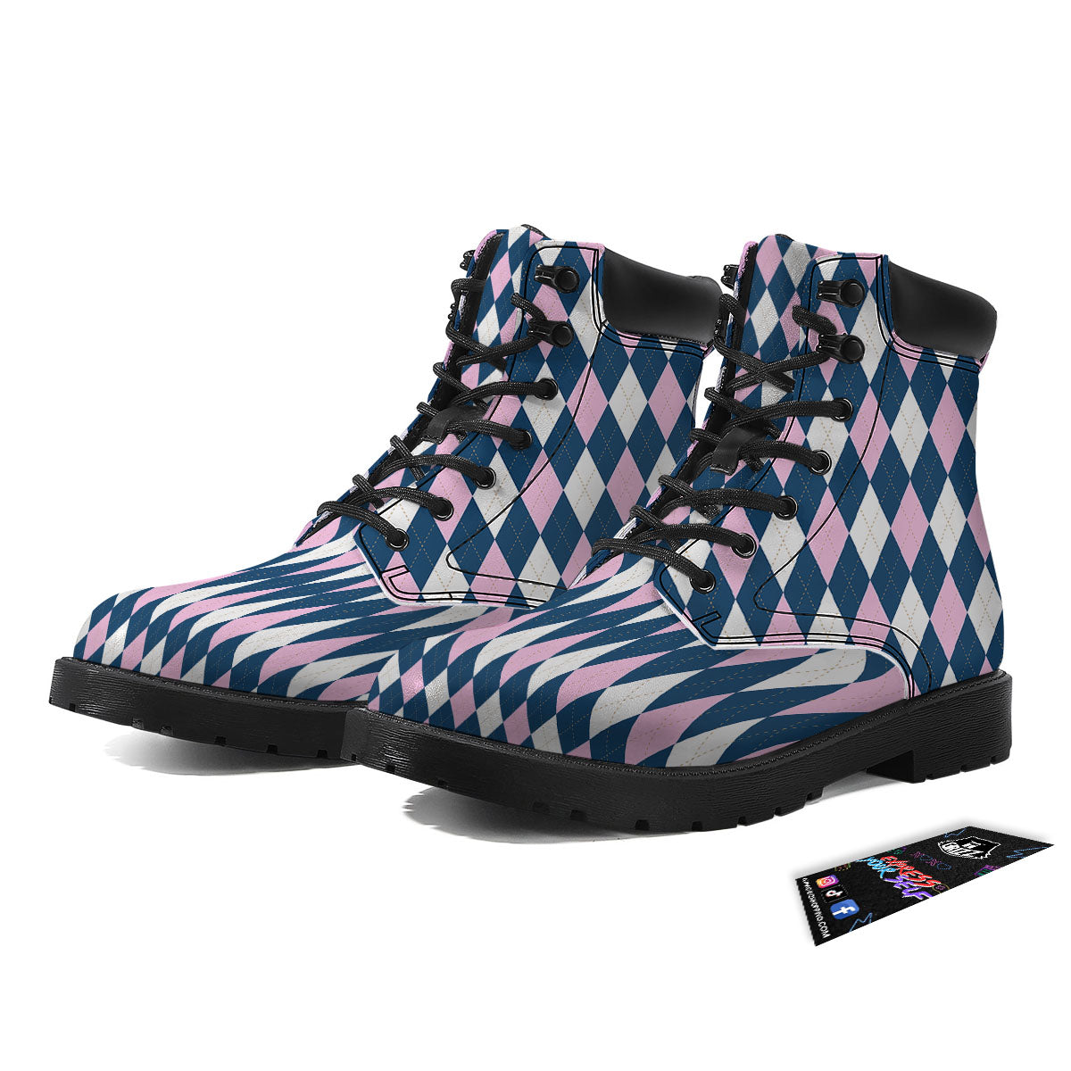White Pink And Blue Argyle Print Pattern Boots-grizzshop