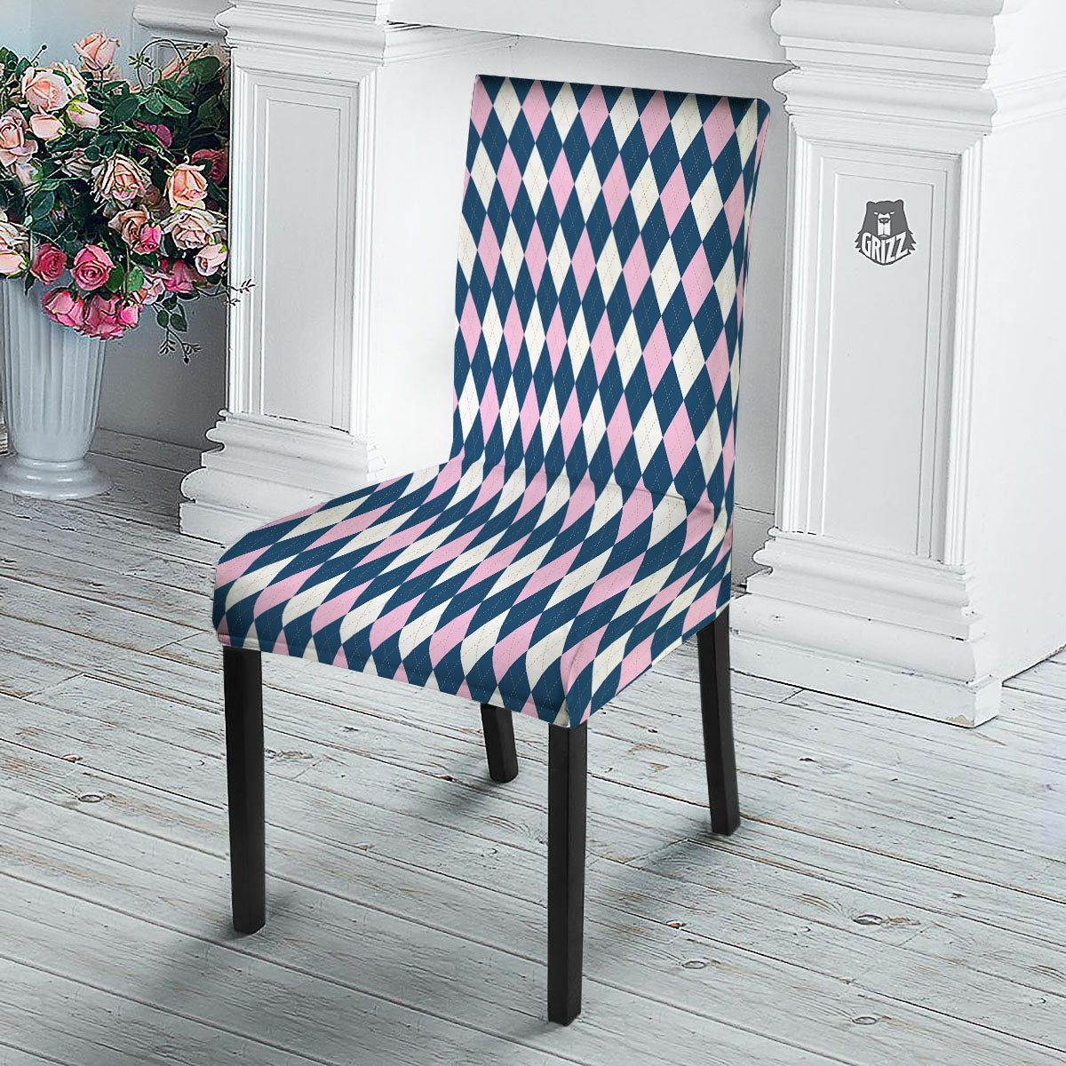 White Pink And Blue Argyle Print Pattern Dining Chair Slipcover-grizzshop