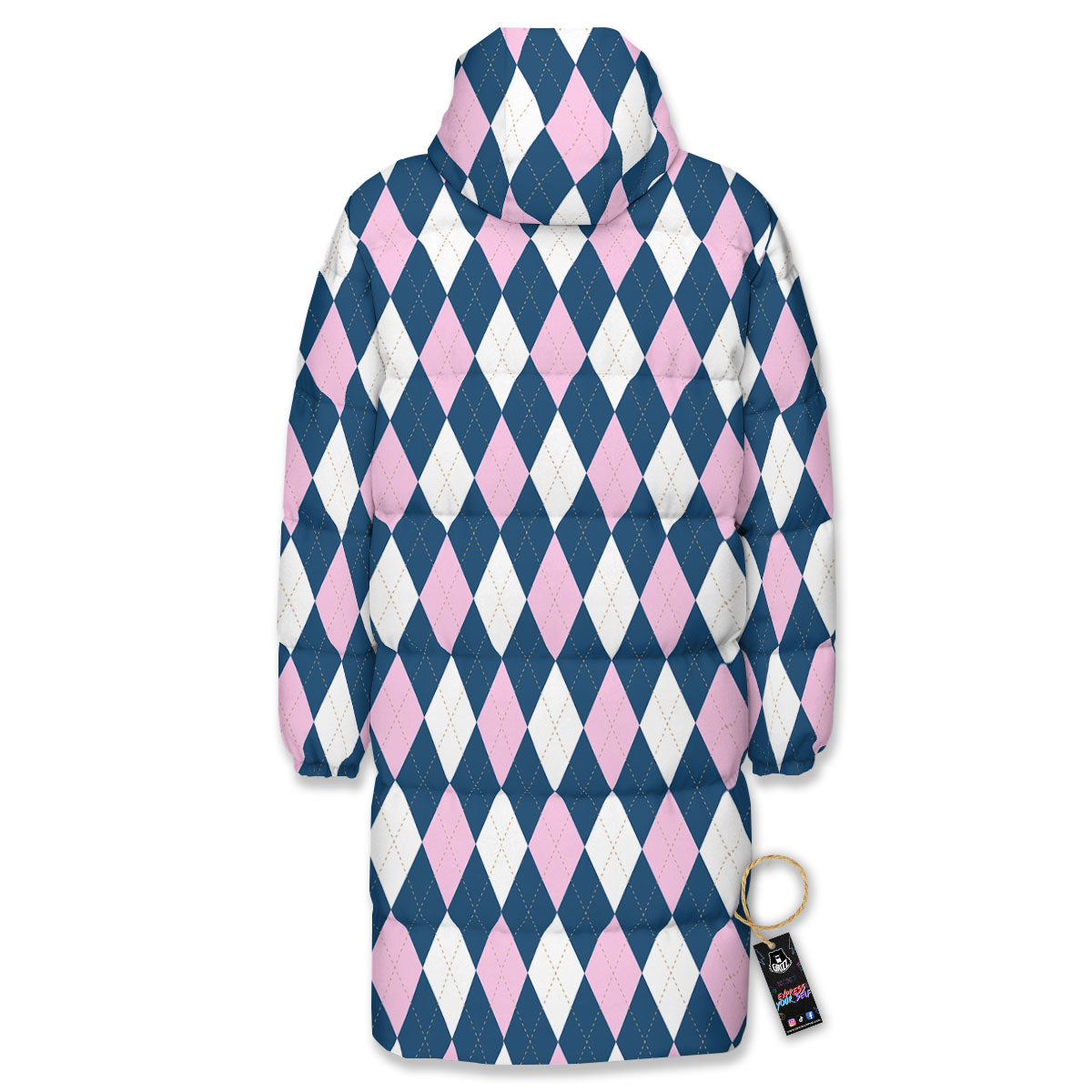 White Pink And Blue Argyle Print Pattern Long Down Jacket-grizzshop