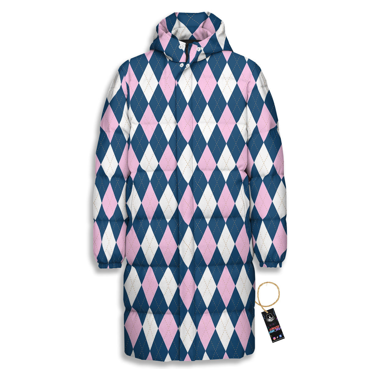 White Pink And Blue Argyle Print Pattern Long Down Jacket-grizzshop