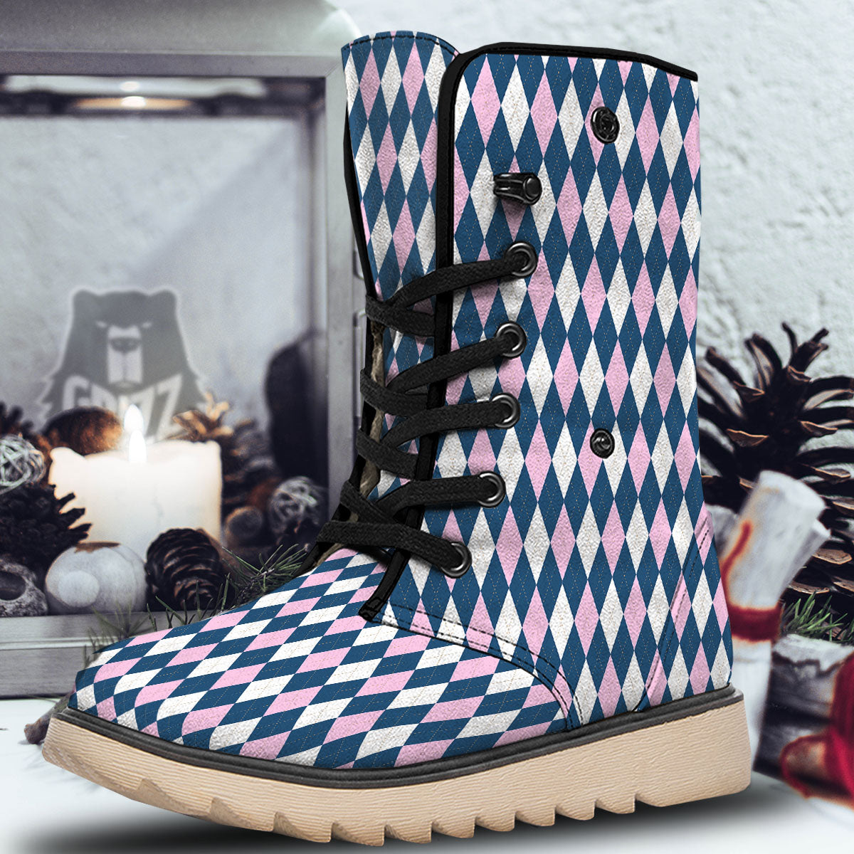 White Pink And Blue Argyle Print Pattern Snow Boots-grizzshop