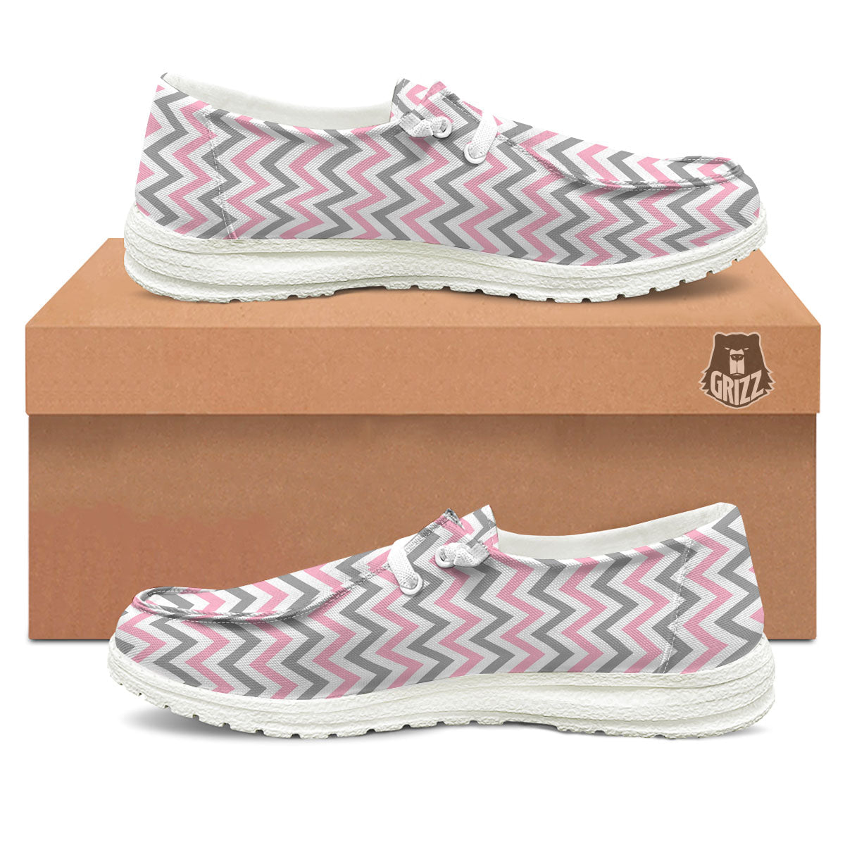 White Pink And Grey Chevron Print Black Loafers-grizzshop