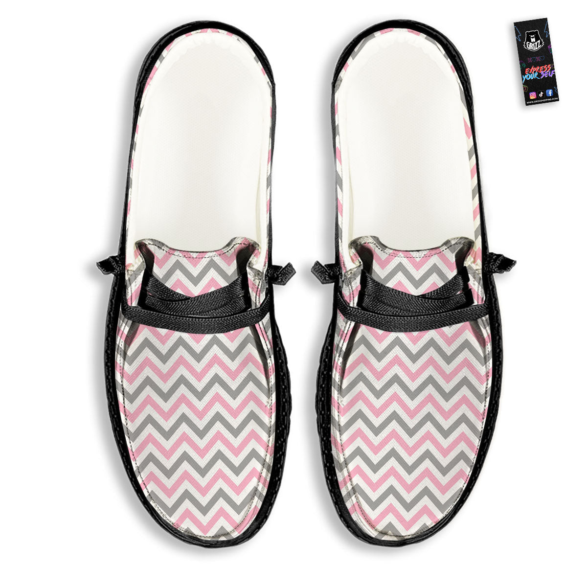 White Pink And Grey Chevron Print Black Loafers-grizzshop