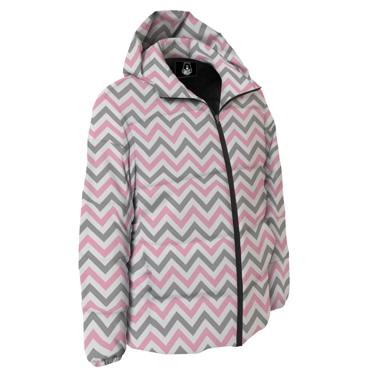 White Pink And Grey Chevron Print Down Jacket-grizzshop