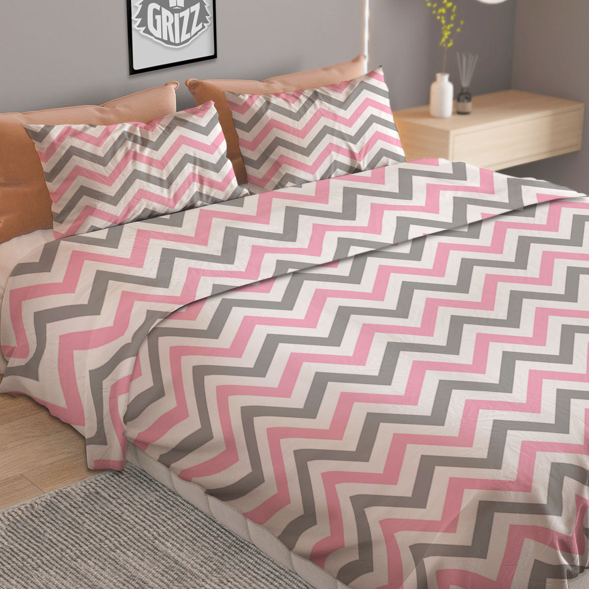 White Pink And Grey Chevron Print Duvet Cover Bedding Set