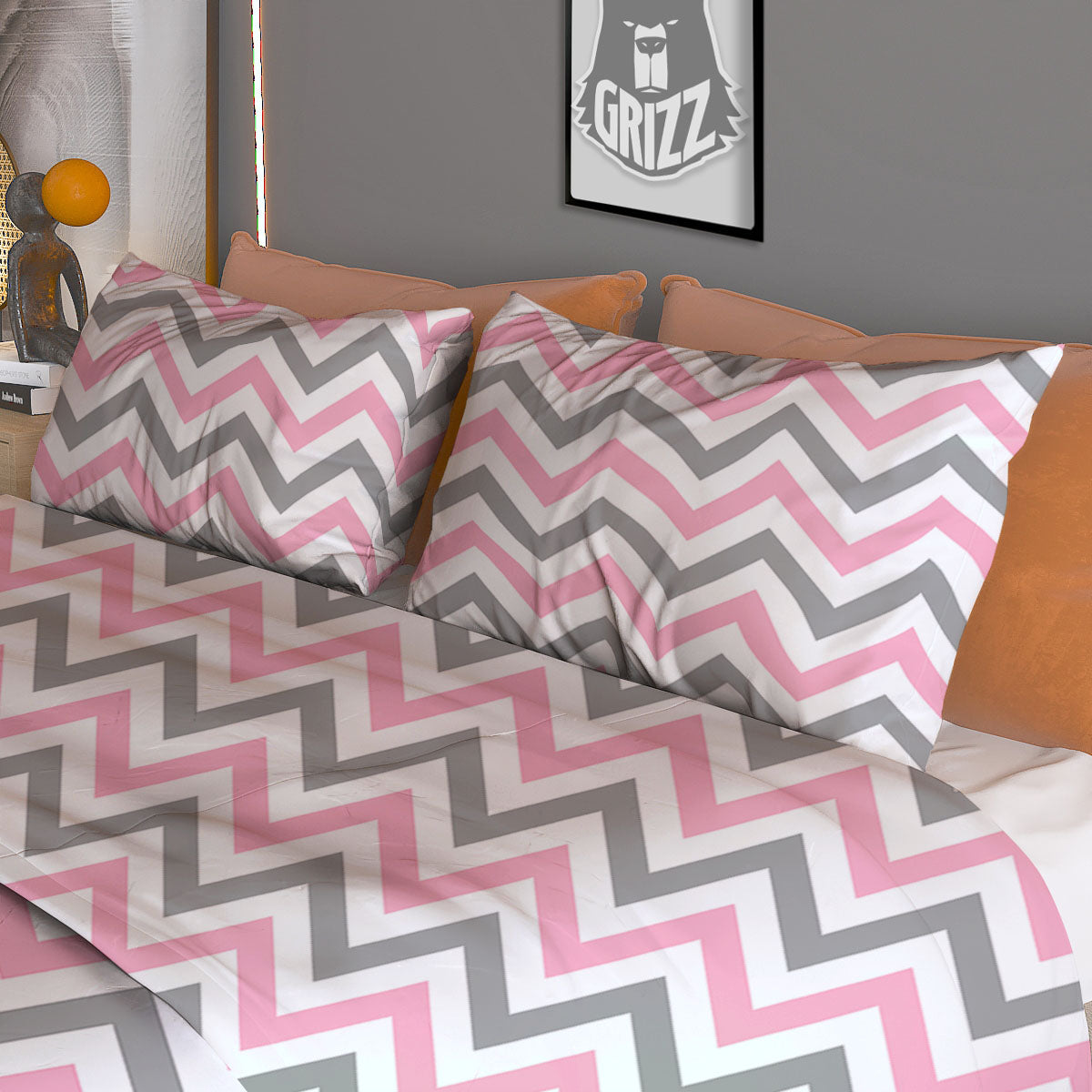 White Pink And Grey Chevron Print Duvet Cover Bedding Set