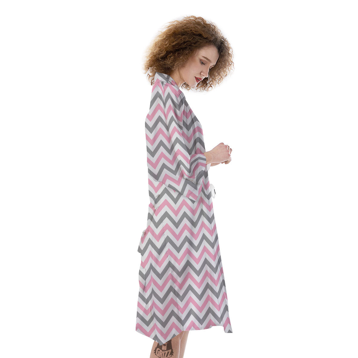 White Pink And Grey Chevron Print Kimono-grizzshop