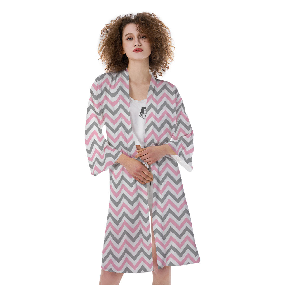 White Pink And Grey Chevron Print Kimono-grizzshop
