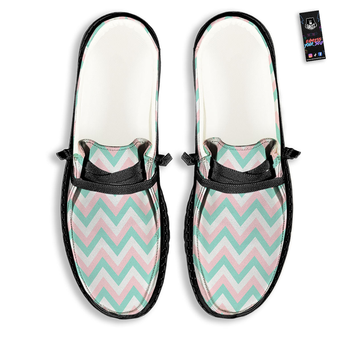 White Pink And Navy Chevron Print Black Loafers-grizzshop
