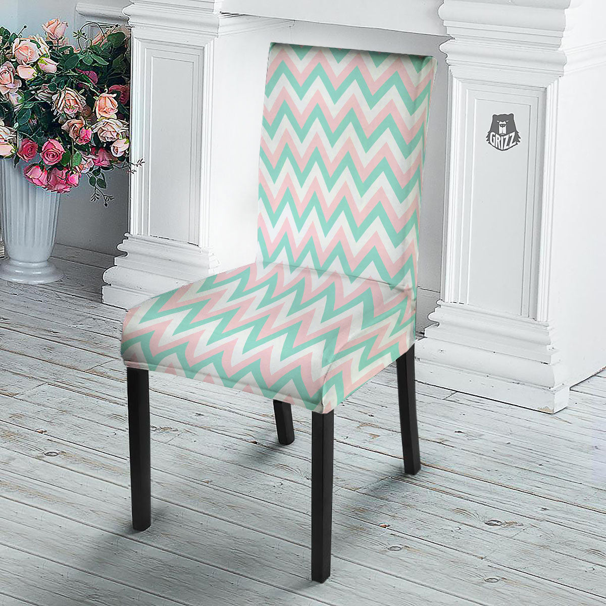 White Pink And Navy Chevron Print Dining Chair Slipcover-grizzshop
