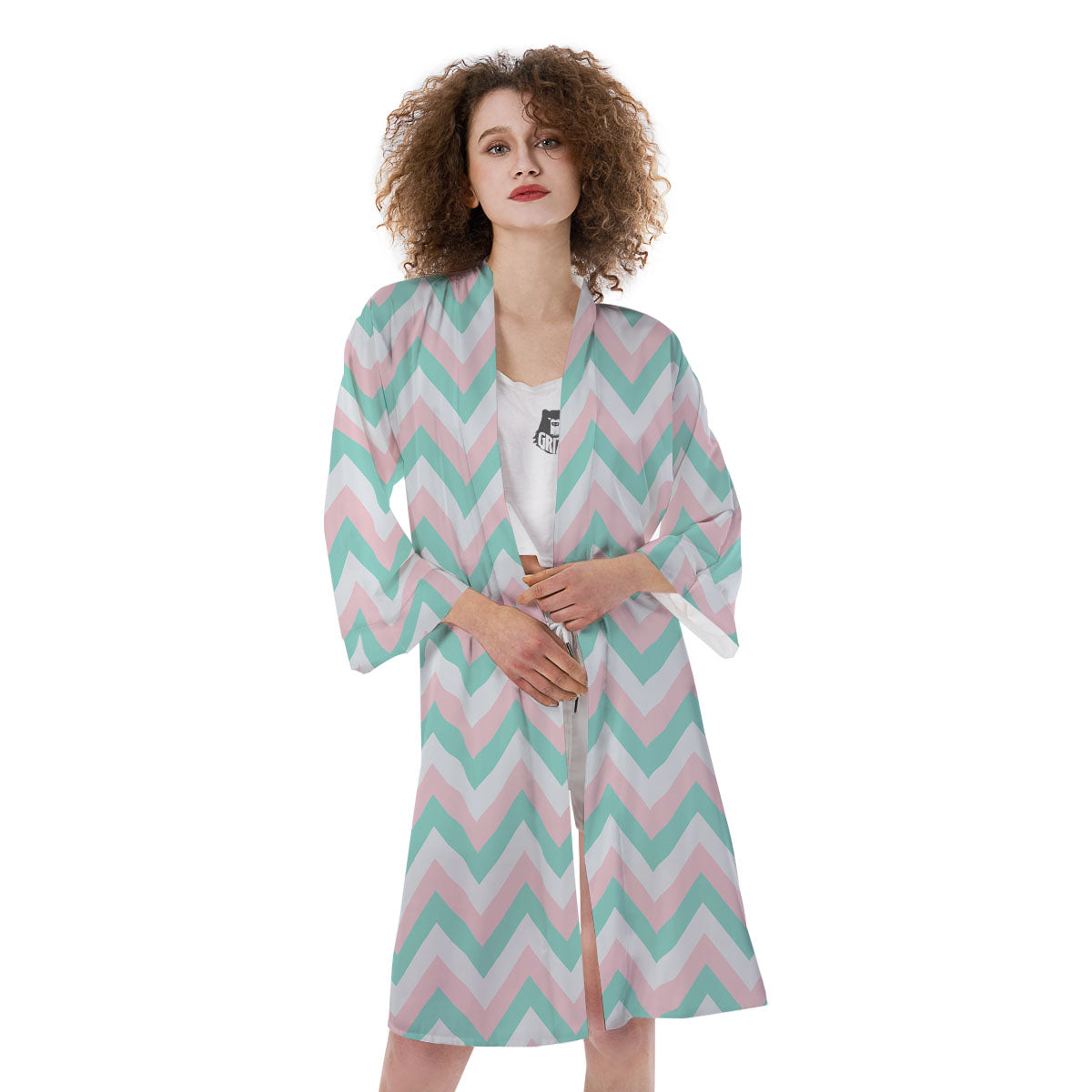 White Pink And Navy Chevron Print Kimono-grizzshop