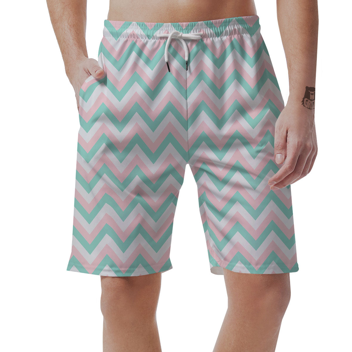 White Pink And Navy Chevron Print Men's Shorts-grizzshop