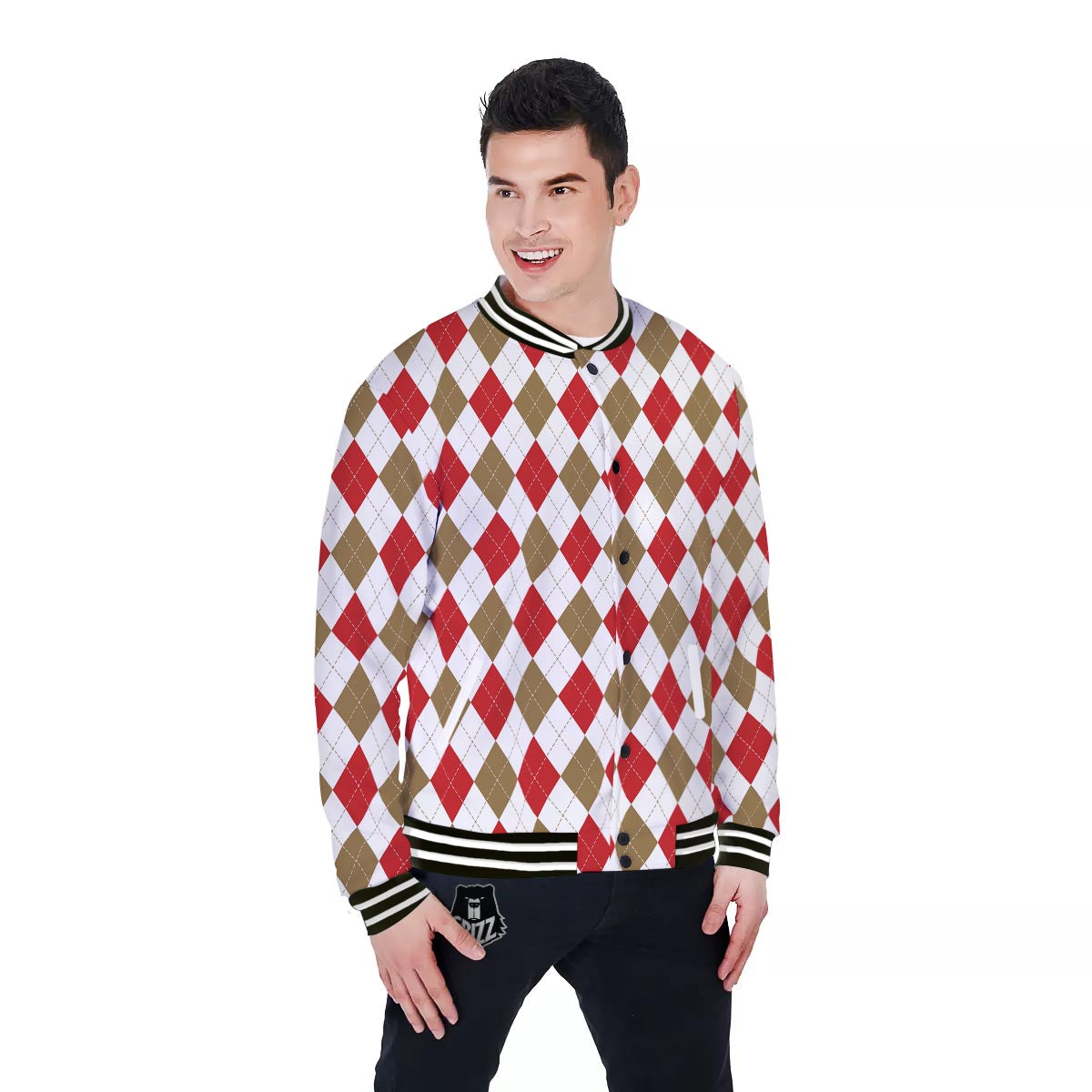 White Red And Beige Argyle Print Pattern Baseball Jacket-grizzshop