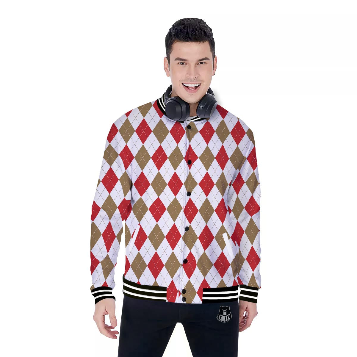 White Red And Beige Argyle Print Pattern Baseball Jacket-grizzshop