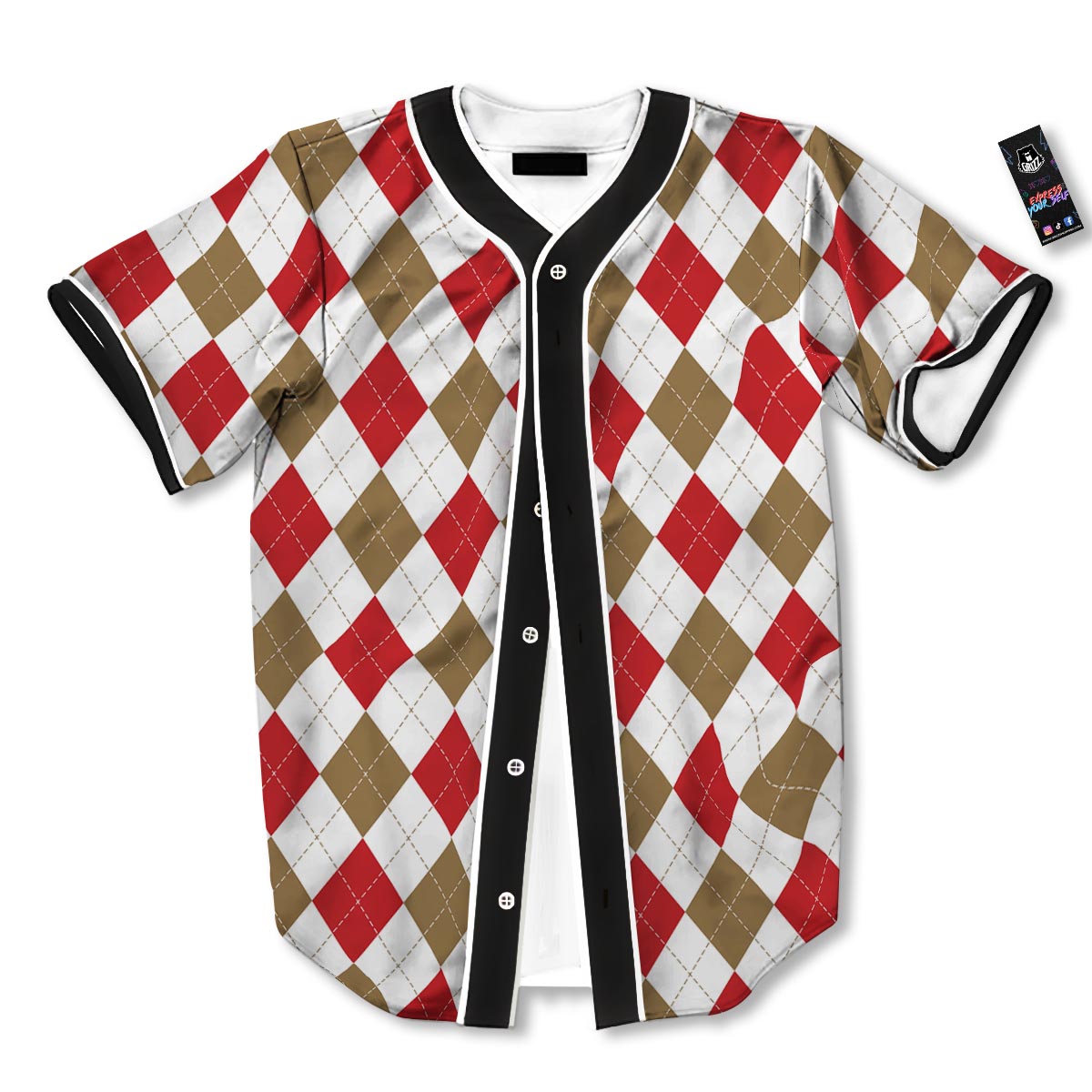 White Red And Beige Argyle Print Pattern Baseball Jersey-grizzshop