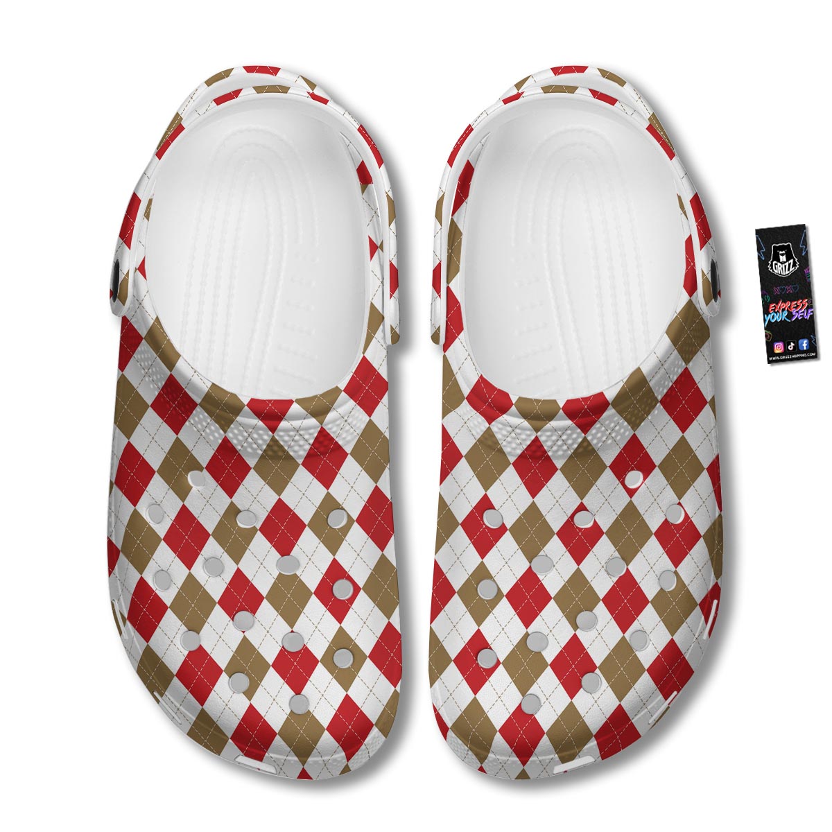 White Red And Beige Argyle Print Pattern Clog-grizzshop