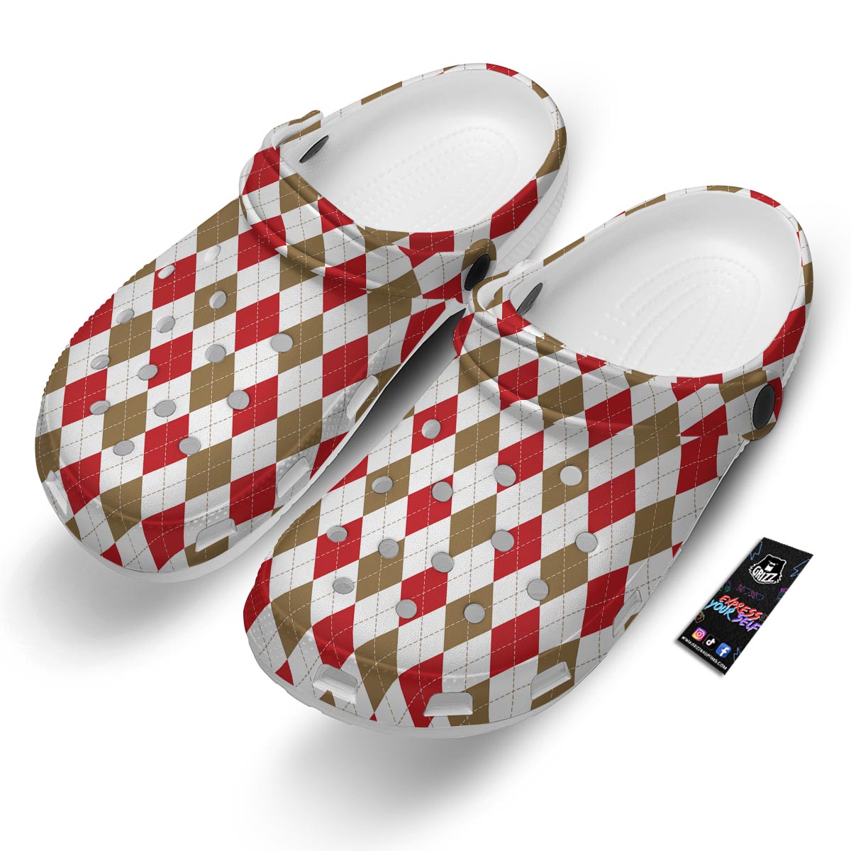 White Red And Beige Argyle Print Pattern Clog-grizzshop