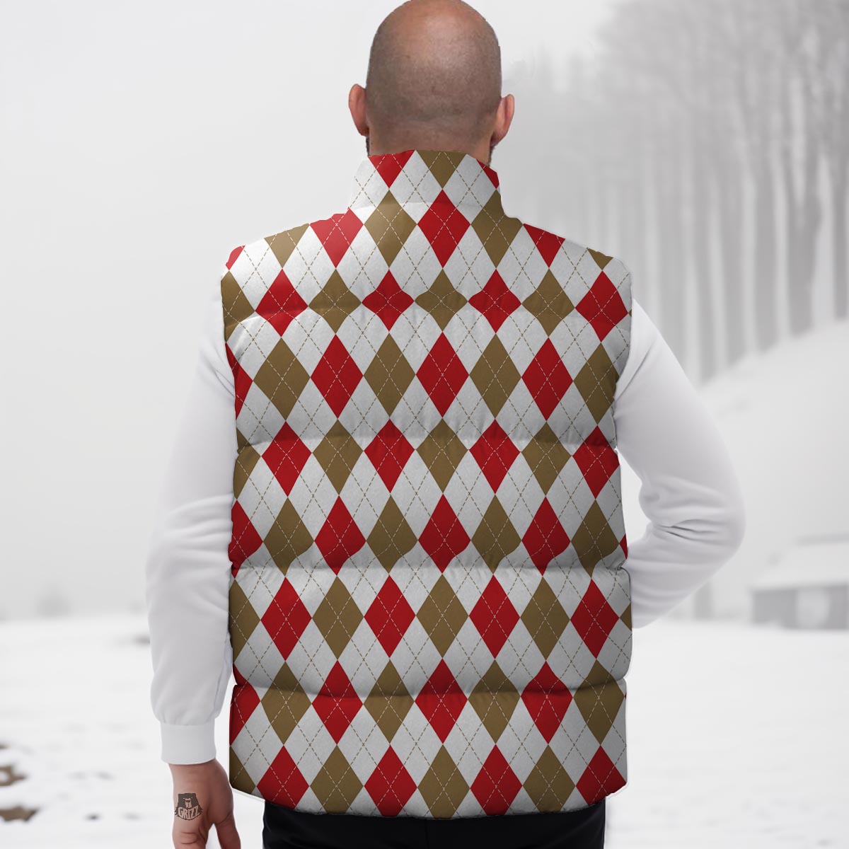White Red And Beige Argyle Print Pattern Down Vest-grizzshop