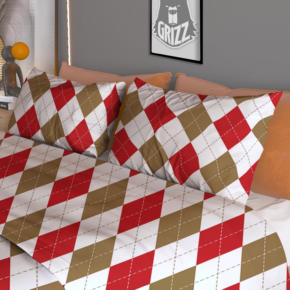 White Red And Beige Argyle Print Pattern Duvet Cover Bedding Set