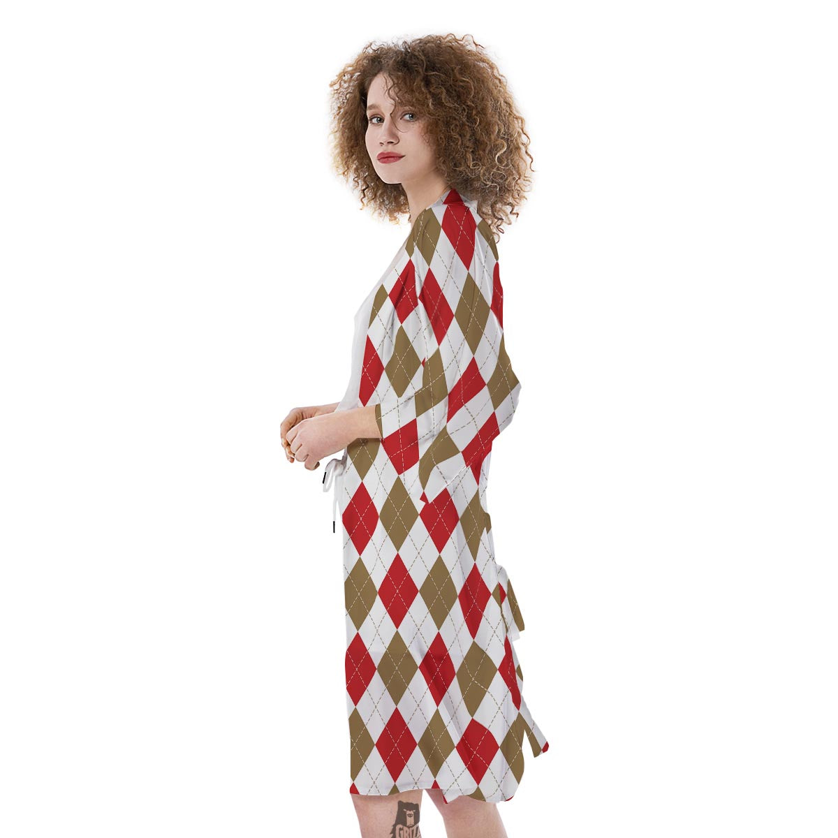 White Red And Beige Argyle Print Pattern Kimono-grizzshop