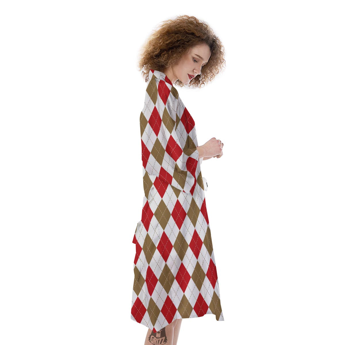 White Red And Beige Argyle Print Pattern Kimono-grizzshop