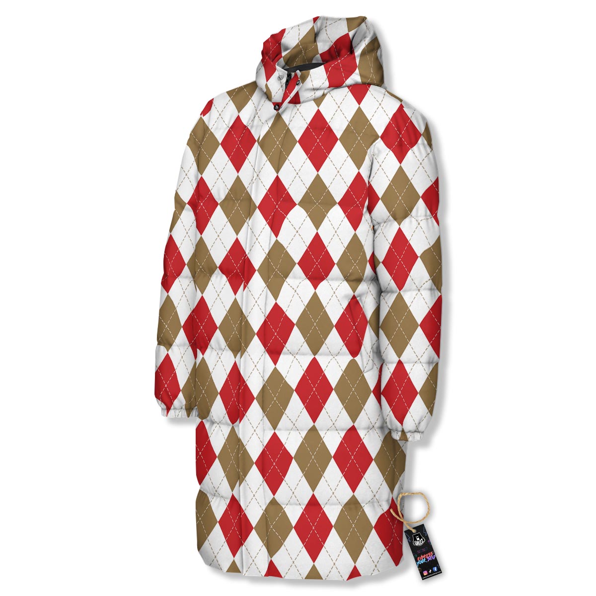 White Red And Beige Argyle Print Pattern Long Down Jacket-grizzshop