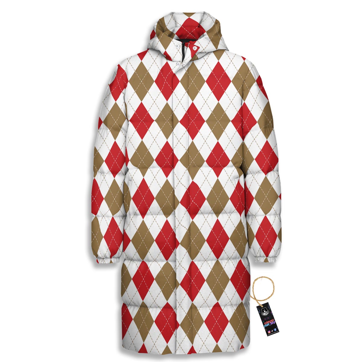 White Red And Beige Argyle Print Pattern Long Down Jacket-grizzshop
