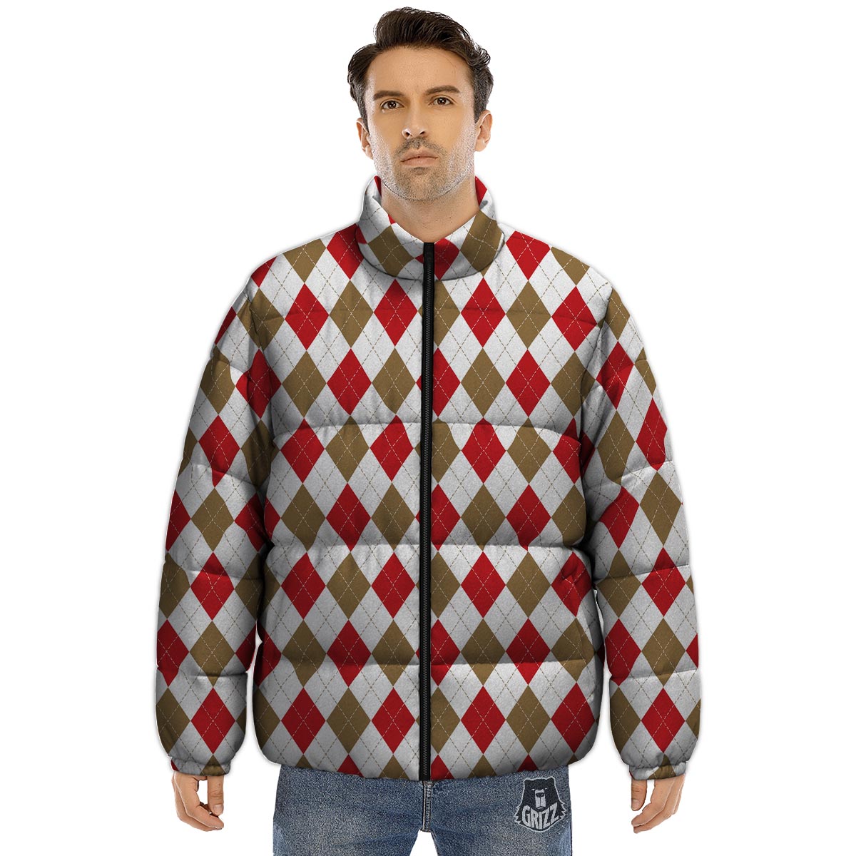 White Red And Beige Argyle Print Pattern Puffer Jacket-grizzshop
