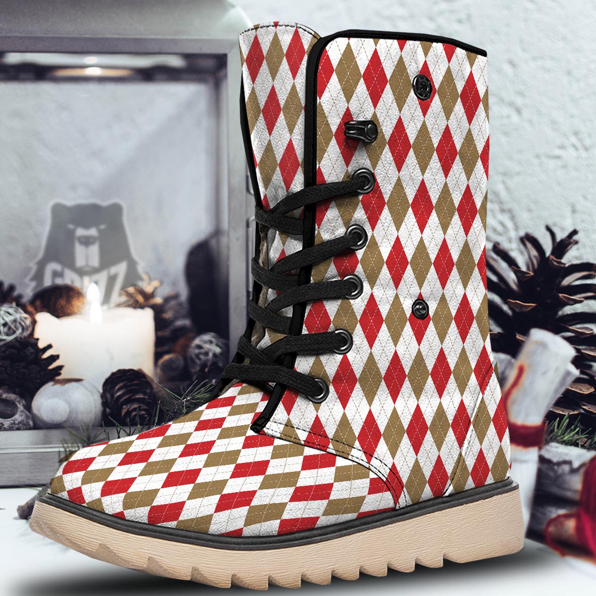 White Red And Beige Argyle Print Pattern Snow Boots-grizzshop