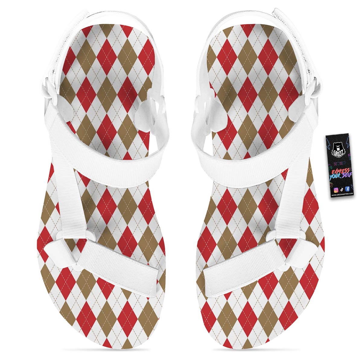 White Red And Beige Argyle Print Pattern White Open Toe Sandals-grizzshop